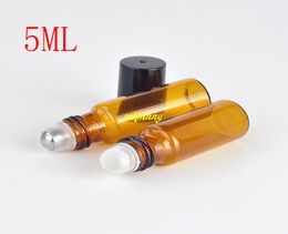 200pcs/lot Fast shipping 5ml Amber Glass Roll On Bottles Essential Oil Empty Perfume Bottle With Plastic black cap