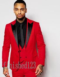 2016 New Arrival One Button Red Groom Tuxedos Peak Lapel Groomsmen Best Man Wedding Prom Dinner Suits (Jacket+Pants+Vest+Tie) G5030