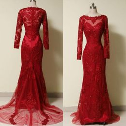 High Quality Real Photo Dresses Red Mermaid Evening Gowns Illusion Neck Long Sleeves Beaded Embroidery Pageant Formal Party Plus Size