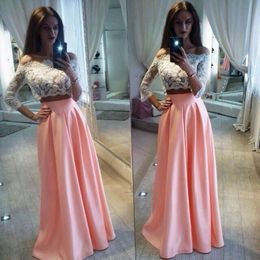 Fashion Two Pieces Prom Dress Long Formal Evening Party Gowns See Through Lace Appliques Crop Top with Sleeves Light Pink Formal Dress