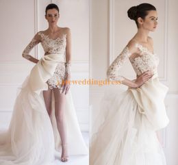Hi Lo Wedding Dresses Long Sleeve Sheer Bridal Gown Appliques Sexy Mini Length Court Train Tulle Chiffon Illusion Neckline Wedding Dress