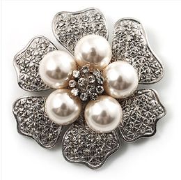 Rhodium Silver Tone Cream Pearl Six Petal Flower Bouquet Bridal Brooch with Rhinestone Crystals