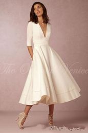 2020 New Tea Length Short Wedding Dress with Sleeves Vestido de noiva curto Sexy Deep V Neck Summer Beach Bridal Gowns 047