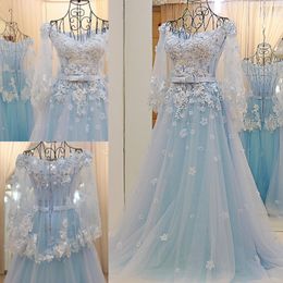 Attractive Prom Dresses Light Sky Blue,Red Long Evening Gown Special Occassion Dresses Lace-up Back Three Quarter Sleeves Runway Gowns