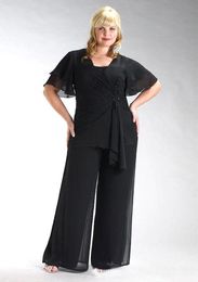 2017 New Chiffon Plus Size Mother Suits Square Neckline Short Sleeve Mother of the Bride Pants Suits with Jacket Custom Made
