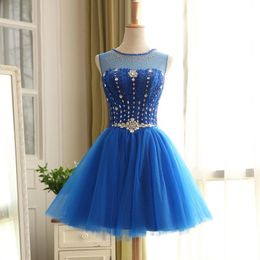 Stunning Prom Dresses Blue,Red Sparkling Beads Crystal Knee Length Ball Gown Evening Gowns Lace-up Back Real Pictures Cheap