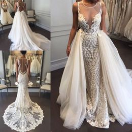 Berta Mermaid Wedding Dresses With Detachable Train Sweep Train Lace Beach Wedding Dress Applique Sleeveless Jewel Neck Plus Size Bridal