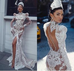 Arabic Mermaid Wedding Dress Floral High-neck Long Sleevel High-split Appliqued Lace Bridal Dresses Sweep Train Vestidos De Novia Hot Sell