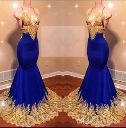 Sexy Royal Blue Halter Sexy Prom Dresses Long Deep V Neck Gold Lace Appliques Evening Gowns Party Dress Backless Evening Gowns ogstuff