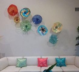 Modern Tiffany Colored Glass Hanging Plates Wall Art Home Decoration India European Style Murano Flower Glass Plates Wall Art