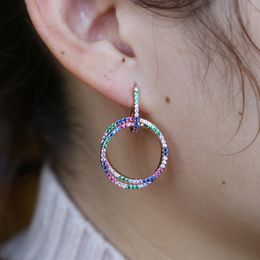 Super Shiny fashion rainbow earrings rose gold color micro pave coloful cz drop big circles fancy women round ear jewelry NEW