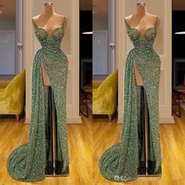 Matcha Green Green Glitter Long Split Vestres de noite espaguete sereia Mulheres vestidos vestidos Fiesta de Noche Vestido de festa