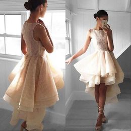 New Designed Champagne Ruffle Tulle Homecoming Dresses 2019 High Low Light Yellow Cocktail Dress Short Evening Prom Dress