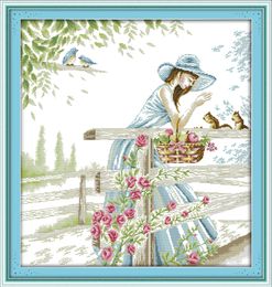 The girl with squirrels home decor painting ,Handmade Cross Stitch Embroidery Needlework sets counted print on canvas DMC 14CT /11CT