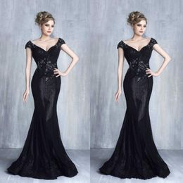 tony chaaya black mermaid prom dresses cap sleeve deep v neck lace appliqued dress evening wear deep sweep train formal gowns