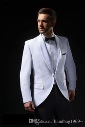 New Arrivals One Button White Groom Tuxedos Shawl Lapel Groomsmen Best Man Blazer Mens Wedding Suits (Jacket+Pants+Tie) D:340