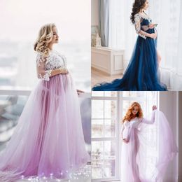 Modest A Line maternity Evening Prom Dress V Neck Long Sleeve Tulle Lace Party Dress Sweep Train Applique robes de soirée