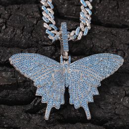 Iced Out Animal Big Butterfly Pendant Necklace with Blue Cuban Chain Silver Blue Gold Plated Mens Hip Hop Bling Jewellery Gift