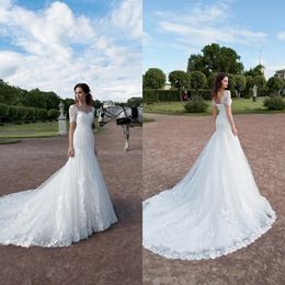 Elegant Wedding Dresses V Neck Short Sleeves Lace Appliques Beach Bridal Gowns 2020 Lace-up Back Sweep Train Mermaid Wedding Dress