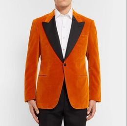 Latest Design One Button Orange Velvet Wedding Groom Tuxedos Peak Lapel Groomsmen Men Suits Prom Blazer (Jacket+Pants+Tie) NO:2051