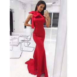 High Neck Mermaid Prom Dresses 2020 Formal Evening Gown With Bow Floor Length Sweep Train Satin Party Dress Vestidos De Gala
