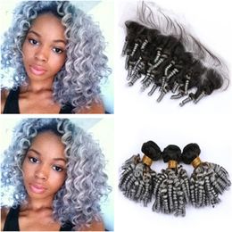Brazilian Silver Grey Ombre Human Hair Weaves Aunty Funmi with Frontal Closure 13x4 Bouncy Curly #1B/Grey Ombre Lace Frontal with Weaves