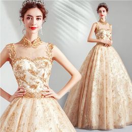 High-end luxury Golden standing collar Bride Wedding Toast banquet annual meeting stage performance wedding evening dress bead