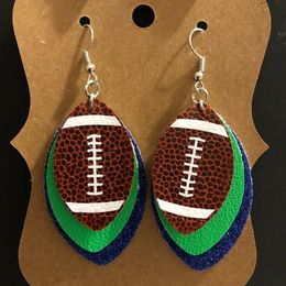Fashion-Layer Football 3D Glitters Sequins Faux Leather Teardrop Earrings Color Layered School Spirit Earrings Cheer Sport Jewelry