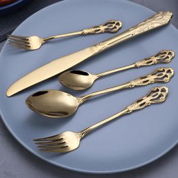 5pcs Retro Emboss Tableware Set Stainless Steel Dinnerware Set Knife Fork Spoon Cutlery Set Kitchen Accessories Gold Silver
