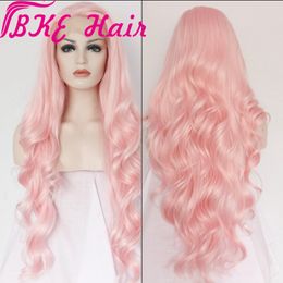 Fashion Pink Body Wave Synthetic Lace Front Wig Glueless Heat Resistant Fibre With Natural Hairline For Woman cosplay party Wigs