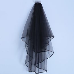 Black Bridal Veils With Comb Two Layers Short Ribbon Edge Wedding Shoulder Veil Soft Tulle Bridal Wedding Accessories
