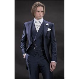 New Morning Style One Button Navy Blue Wedding Groom Tuxedos Peak Lapel Groomsmen Men Suits Prom Blazer (Jacket+Pants+Vest+Tie) 072
