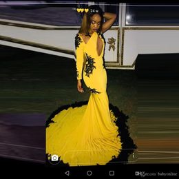 Black Girls Yellow Mermaid Prom Dresses Sexy Black Appliques Jewel Neck One Shoulder Long Sleeve Sweep Train Formal Dress Evening Gowns