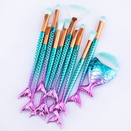 11pcs 3D Mermaid Cosmetic Brushes Fish Tail makeup Brushes Set Powder Foundation Blusher Face Brush Eye shadow Brushes Makeup Beauty tools