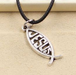 New Fashion Tibetan Silver Pendant fish jesus Necklace Choker Charm Black Leather Cord Factory Price Handmade Jewellery