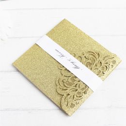 Gold glitter wedding invitation with RSVP envelop belly band pocket fold invitations wedding decoration supply offer printing