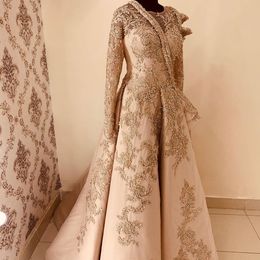 Aso Ebi 2020 Arabic Muslim Lace Beaded Evening Dresses Long Sleeves Prom Dresses Sexy Gold Formal Party Second Reception Gowns ZJ325