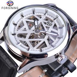 【code: OCTEU06】Fornining 2021 Design di lusso reale Mens Argento Gear Movimento Trasparente Star Star Surface Open Lavoro Skeleton Orologio da polso meccanico