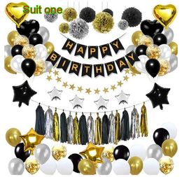 Black gold balloon pull flag birthday layout fish tail flag tassel paper flower ball five-pointed star balloon package hot decoration gift