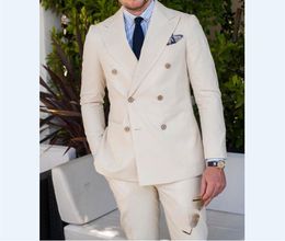 Double-Breasted Groomsmen Peak Lapel Groom Tuxedos Beige Men Suits Wedding/Prom/Dinner Best Man Blazer ( Jacket+Pants+Tie) B588