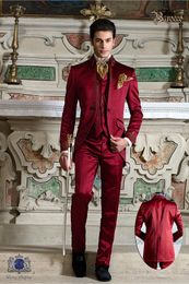 New Fashion One Button Wine Embroidery Groom Tuxedos Stand Collar Men Suits 3 pieces Wedding Prom Blazer Jacket Pants Vest W498277J