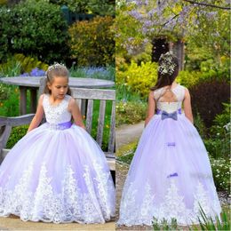 Princess Lavender Ball Gown Flower Girls Dresses Jewel Neck Lace Appliques Beaded Sequined Long Girls Pageant Kids Prom Brithsday Gowns