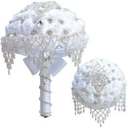2019 Luxury White Silk Rose Wedding Flowers Crystal Brooch Bridal Holding Flowers Tassel Full Diamond Stitch Wedding Bouquet 18CM271n