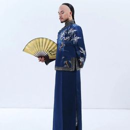 Official costume of Qing Dynasty cotton linen jacket+ long gown Rich young master costume men performance Old Shanghai tang fine workmanship