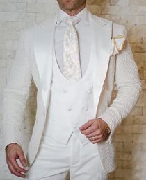 Ivory Wave point Groom Tuxedos High Quality Peak Lapel Man Wedding 3 Piece Suit Men Business Dinner Prom Blazer(Jacket+Pants+Tie+Vest) 587