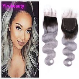 Indian Virgin Hair 4X4 Lace Closure 1B Grey Body Wave Natural Colour 4 By 4 Closure Middle Three Free Part Body Wave