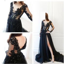 Black Appliques Sequin v neck High Leg Split A-line evening dresses Prom Dresses Floor Length Vestido de noiva Custom Made Formal Maxi Gown