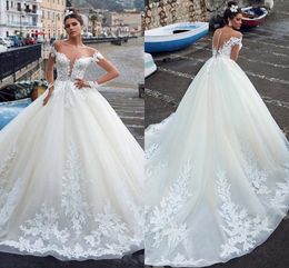 Arabic Lace Ball Gown Wedding Dresses 2020 Fashion Sexy Off The Shoulder Sheer Long Sleeves Bridal Gowns Sweep Train Vestidos AL3384