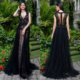 Elegant 2020 Evening Dresses V Neck Sleeveless Lace Beads Sequins Prom Gowns Custom Made Sweep Train A Line Special Occasion Dress