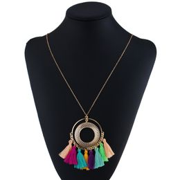 30 color bohemian fashion exaggerated fan-shaped tassel necklace sweater chain Vintage ethnic style circle pendant necklace gold silver